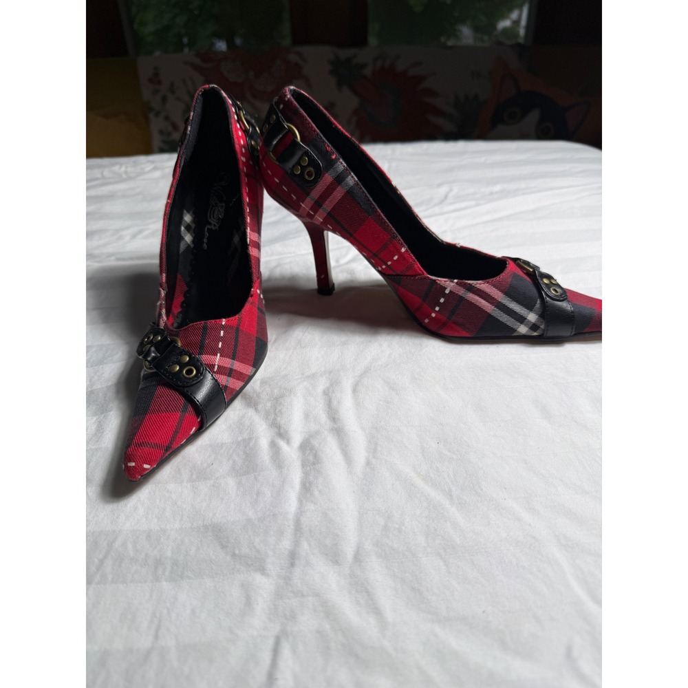 Wild Rose Red Plaid Pointed Toe Pumps Buckle Stiletto Heels Sz 6 Alt Metal